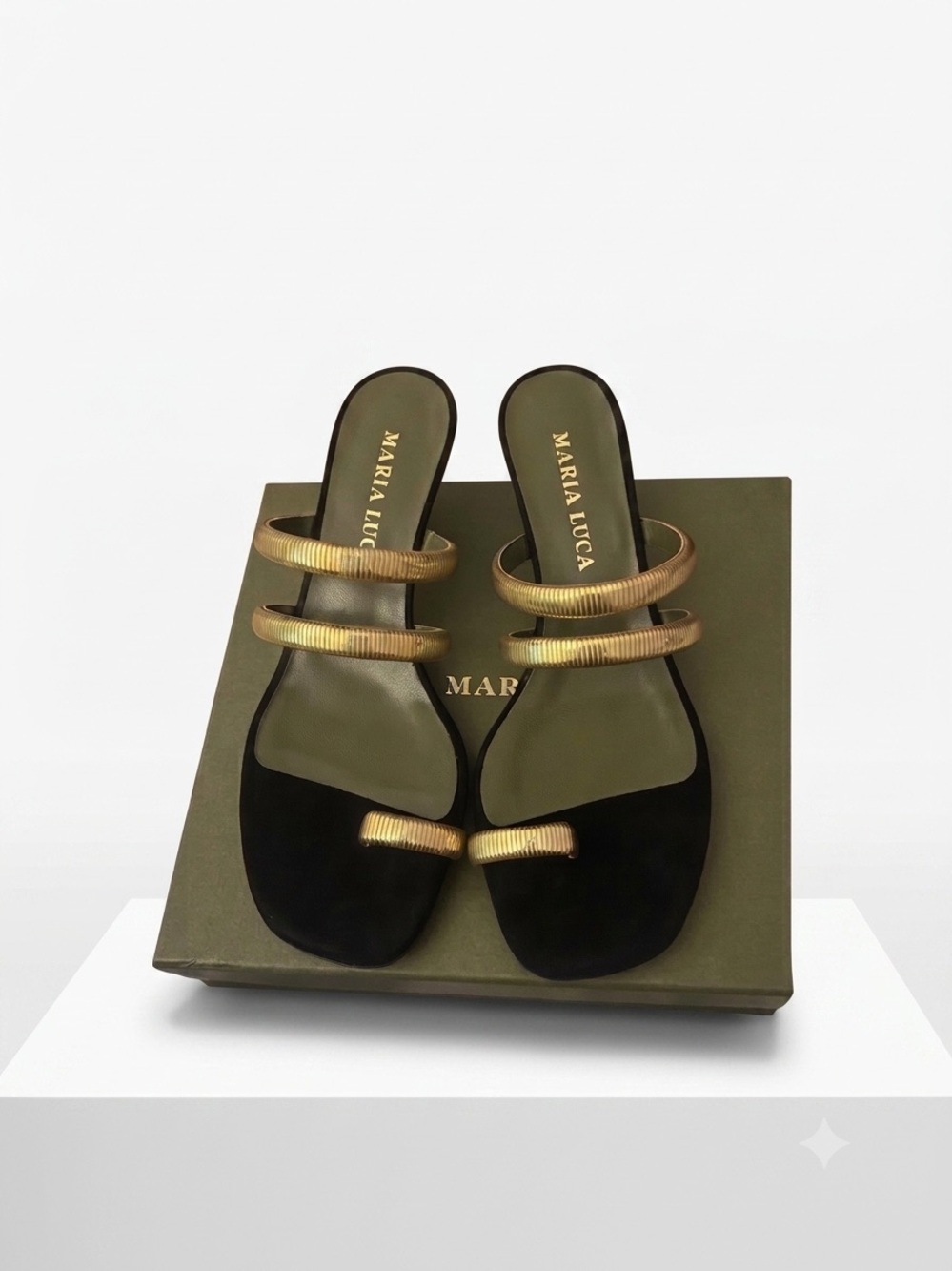 Black and Gold Triple-strap Slide Mules
